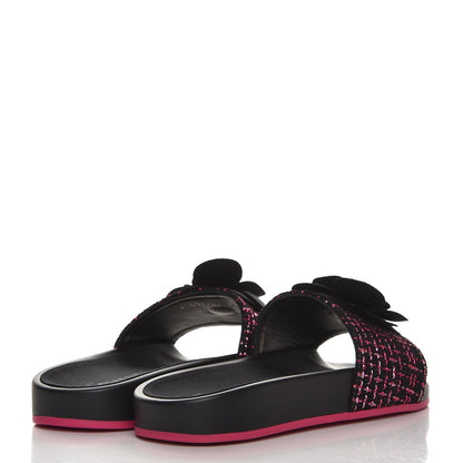 Chanel Tweed Grosgrain Camellia Flat Sandals 35 Black Pink 4 of 9