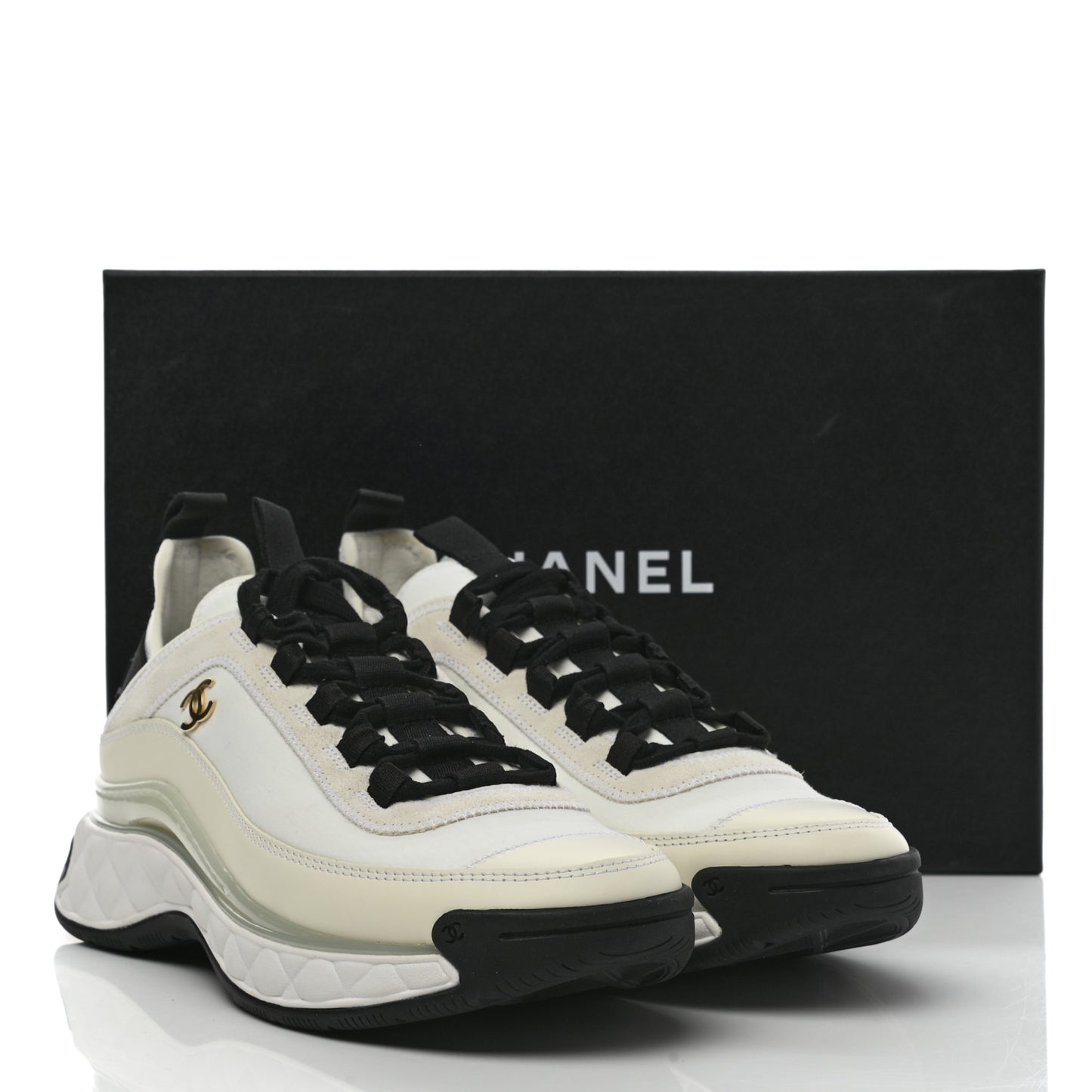 Velvet Calfskin Mixed Fibers CC Sneakers 38.5 Ivory Black