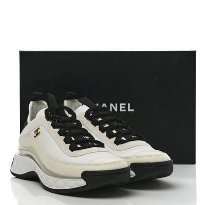 Chanel Velvet Calfskin Mixed Fibers CC Sneakers 38.5 Ivory Black 9 of 9