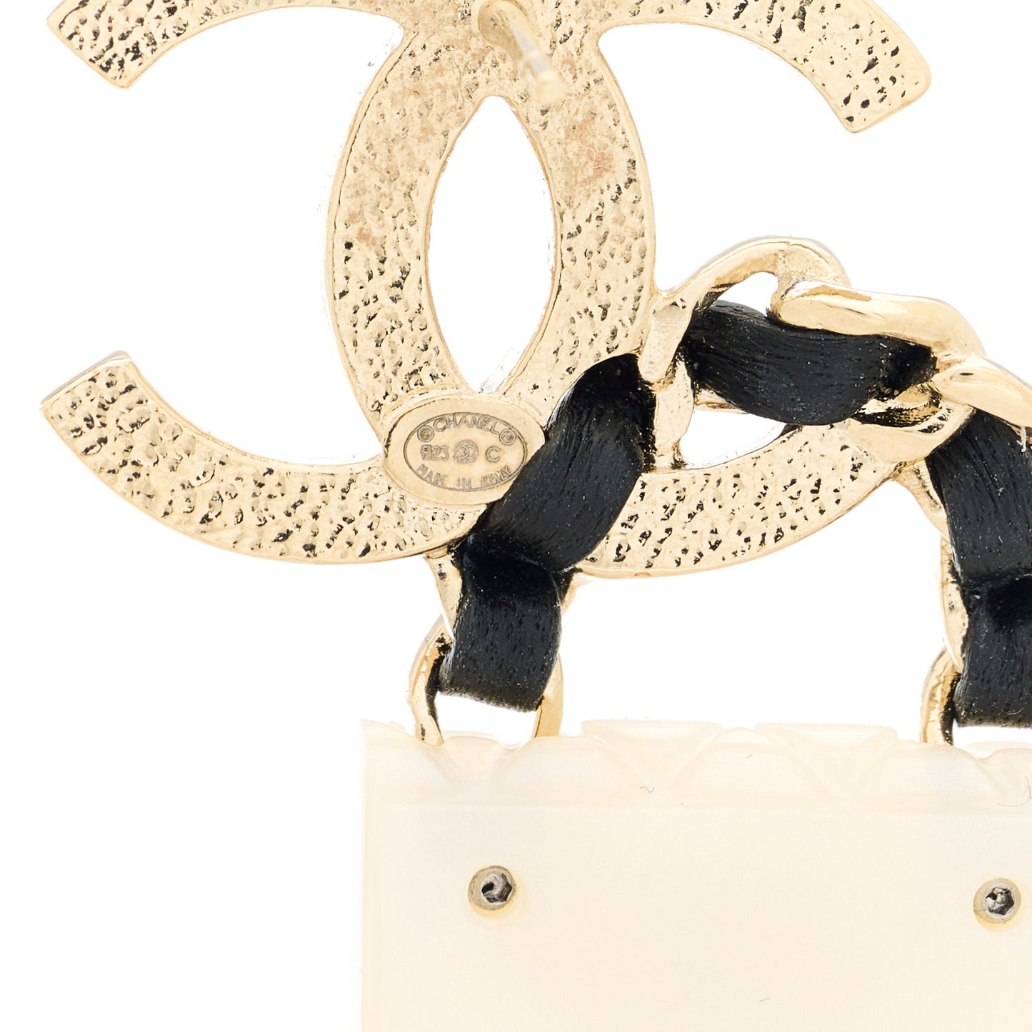 Lambskin Metal Resin CC Quilted Flap Earrings Gold Black White