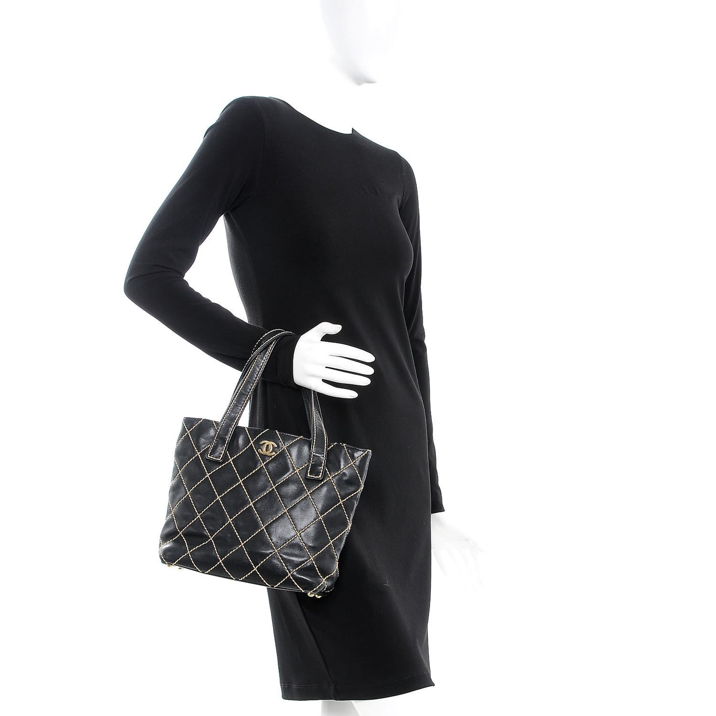 Calfskin Contrast Stitch Surpique Tote Black