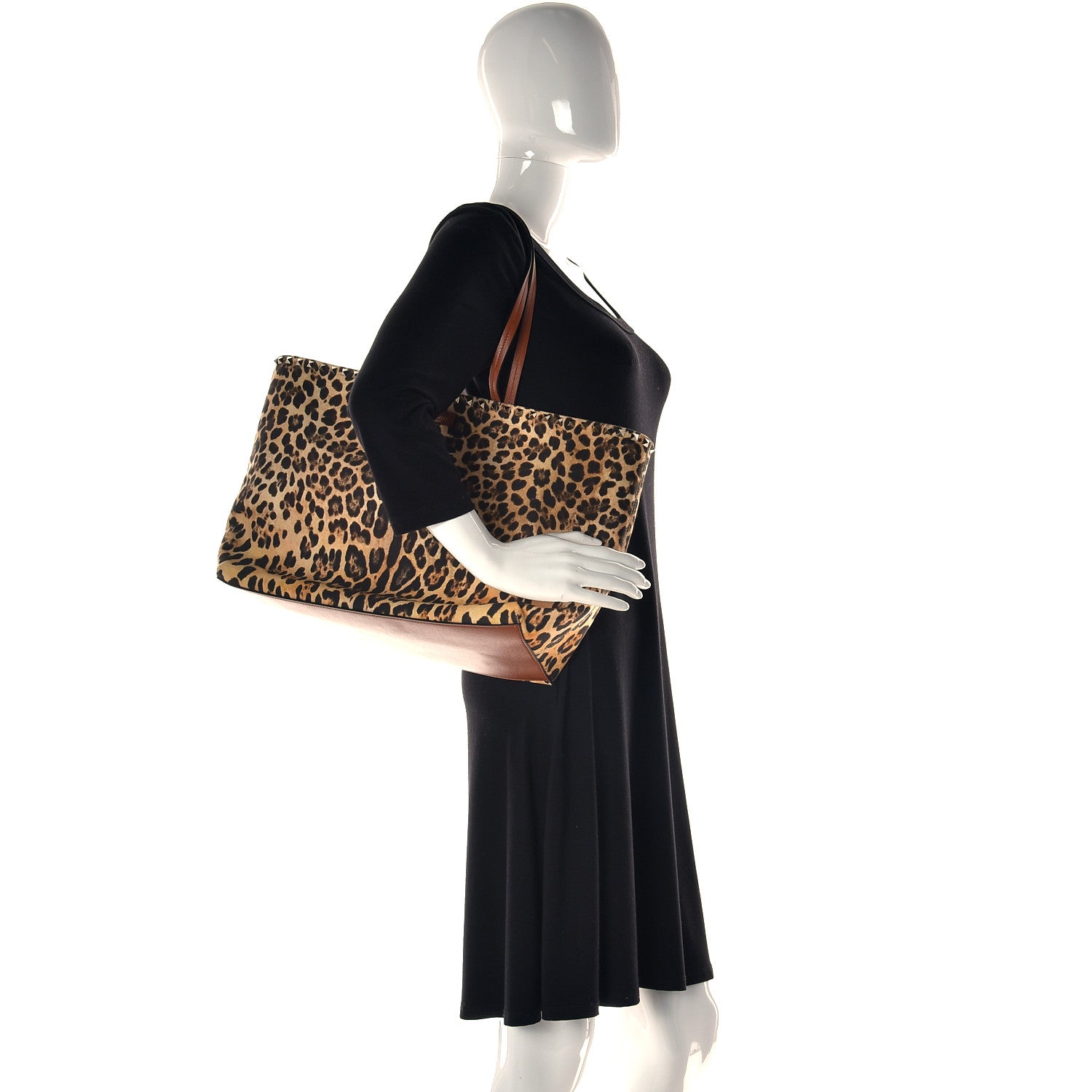 Valentino Garavani Canvas Nappa Leopard Print Rockstud Tote Brown 2 of 9