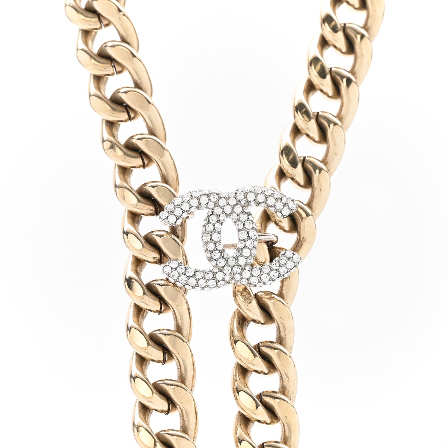 Chain Link Crystal CC Dog Tag Charm Necklace Gold