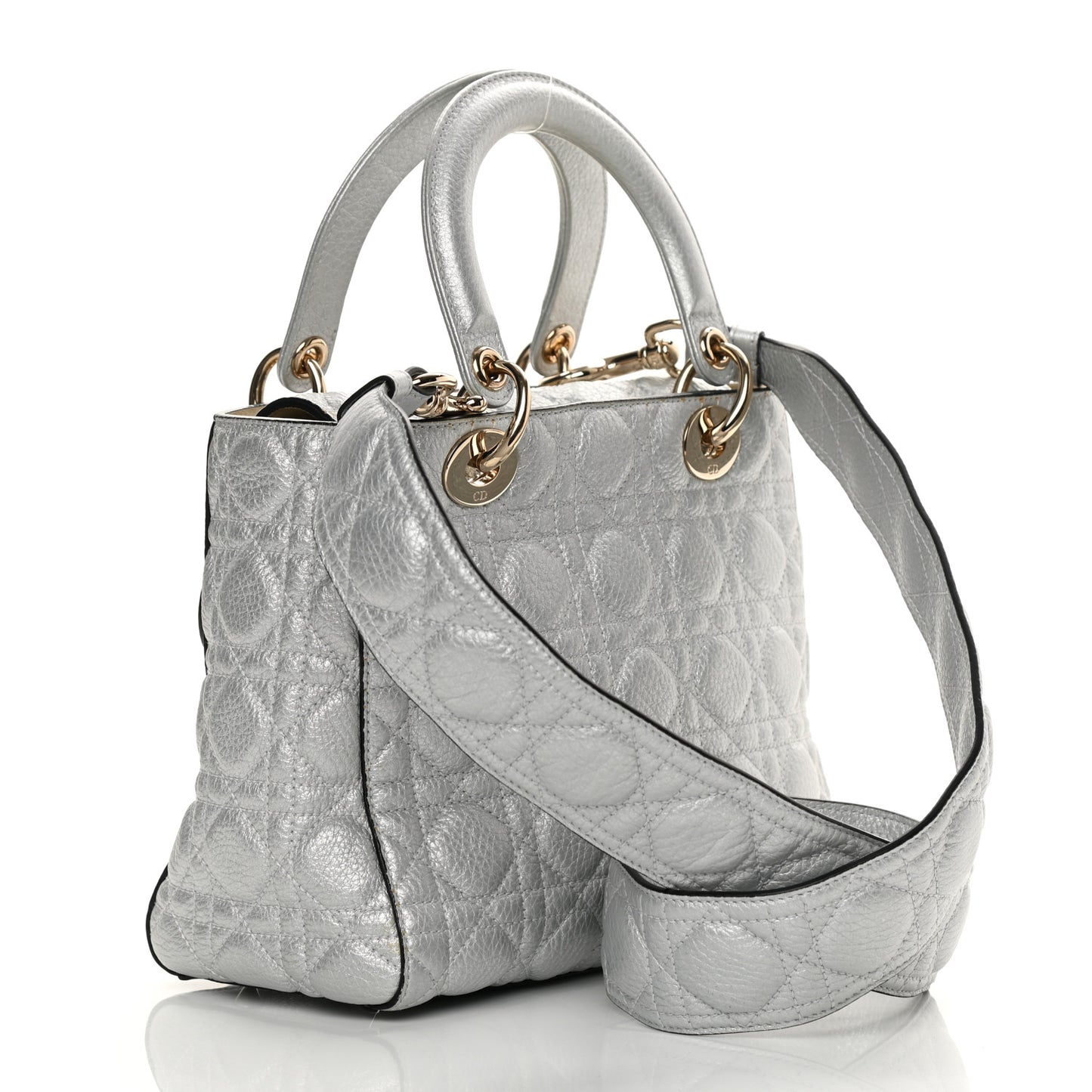 Metallic Grained Calfskin Cannage Medium Supple Lady Dior Silver