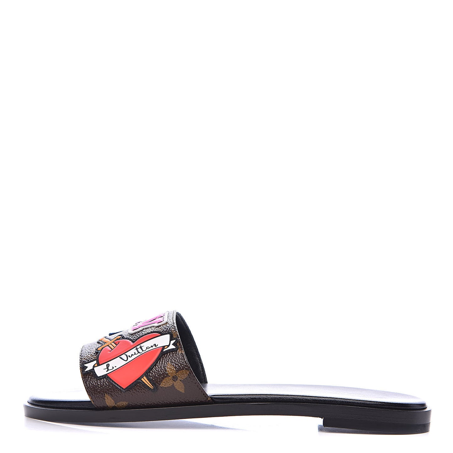 Patent Calfskin Monogram LV Black Heart Flat Mules 36 Cacao