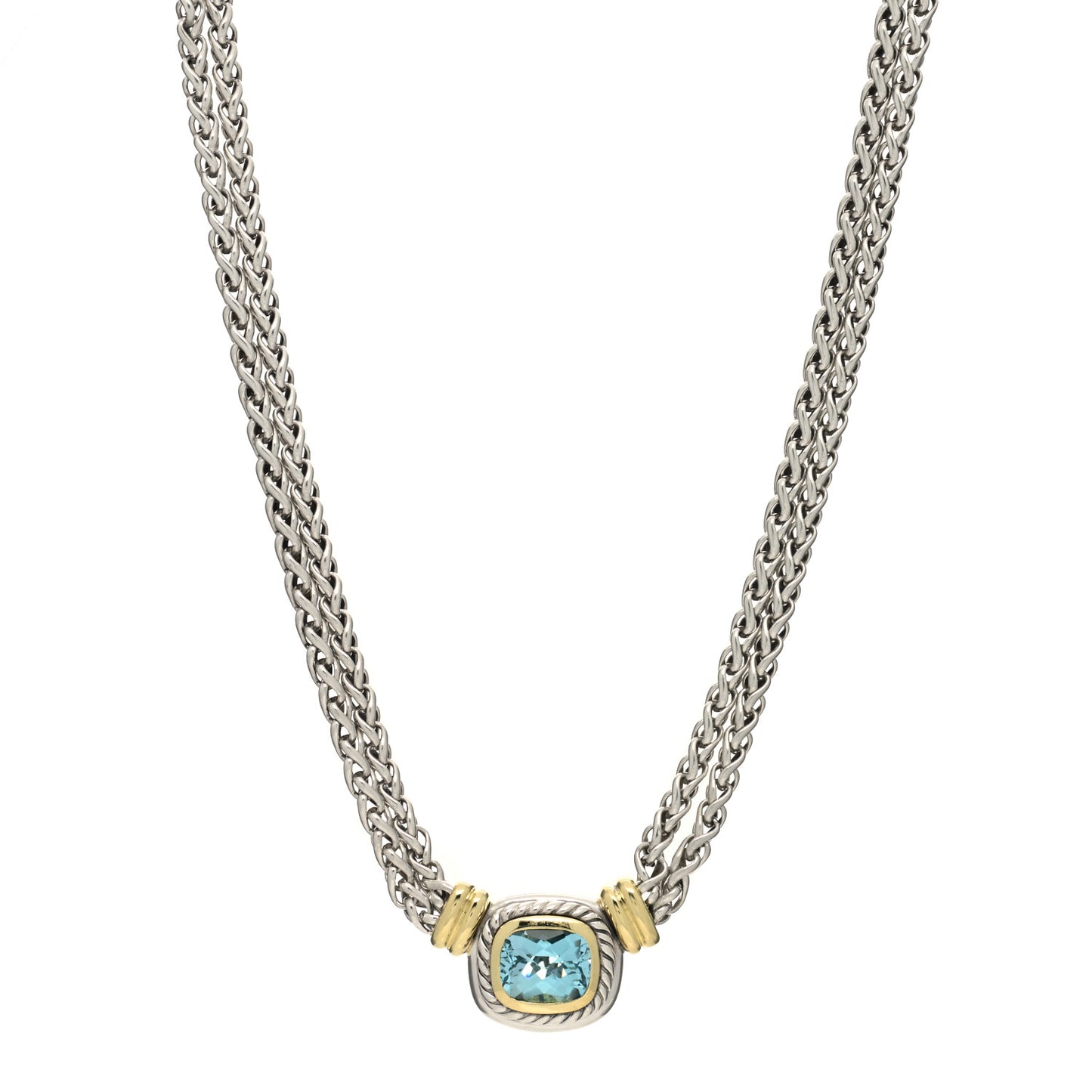 Sterling Silver 14K Yellow Gold Blue Topaz Double Wheat Chain Necklace