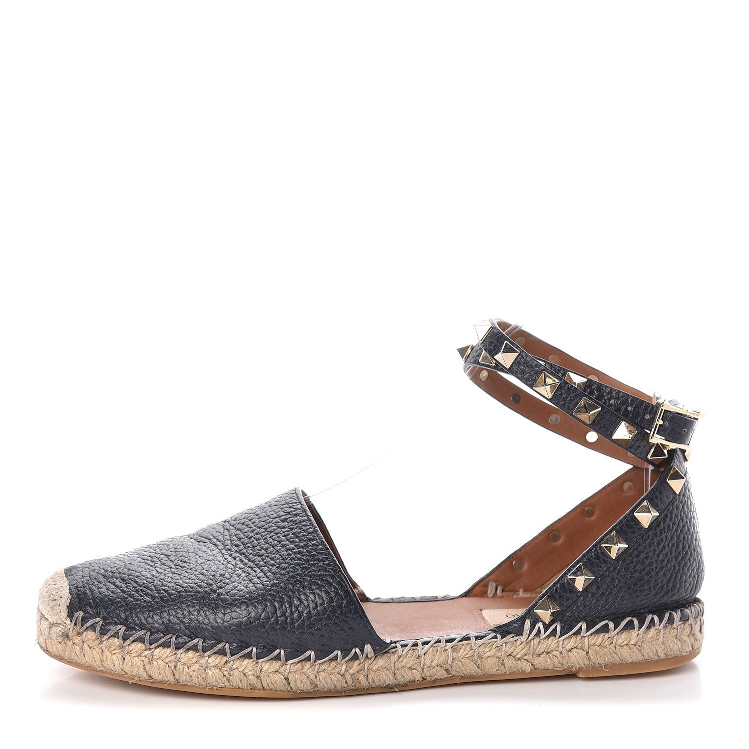 Valentino Garavani Grained Calfskin Rockstud Ankle Wrap Espadrille 20mm Flats 37 Black Light Cuir Natural 1 of 10