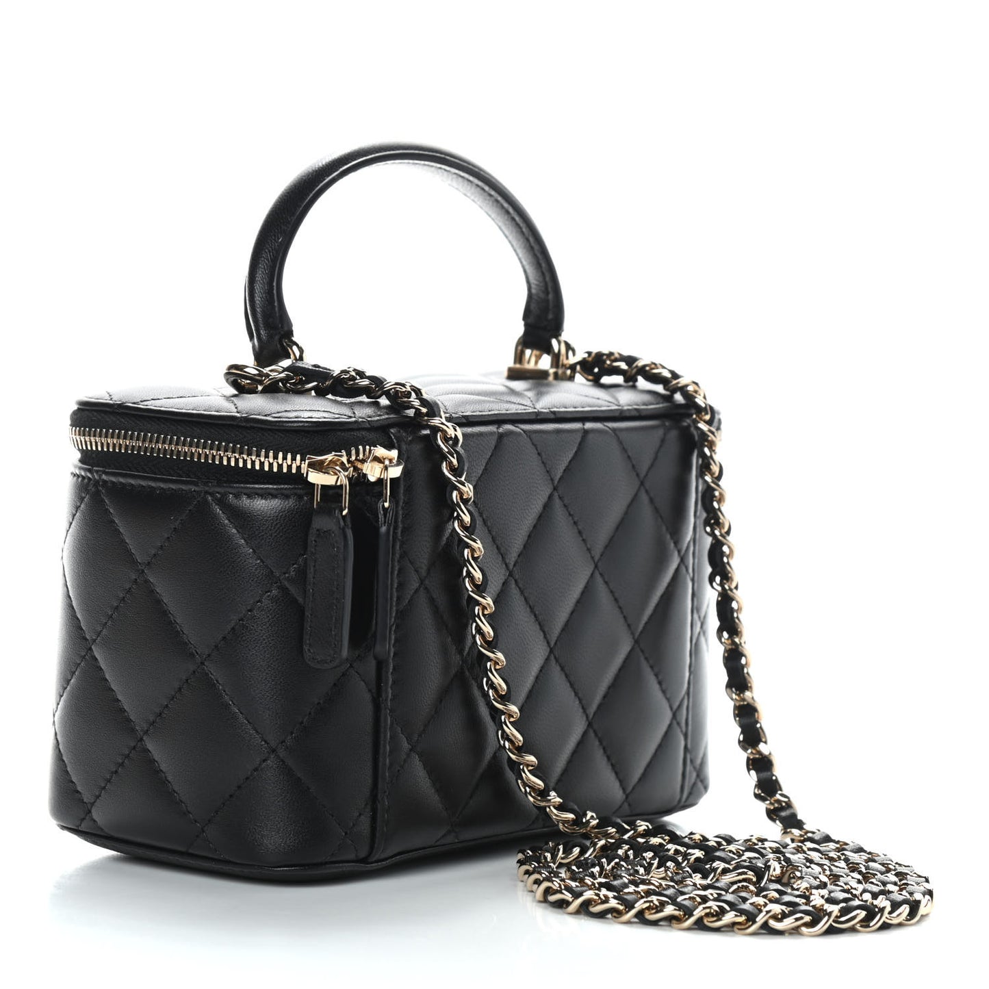Lambskin Quilted Small Top Handle Vanity Case With Chain Black
