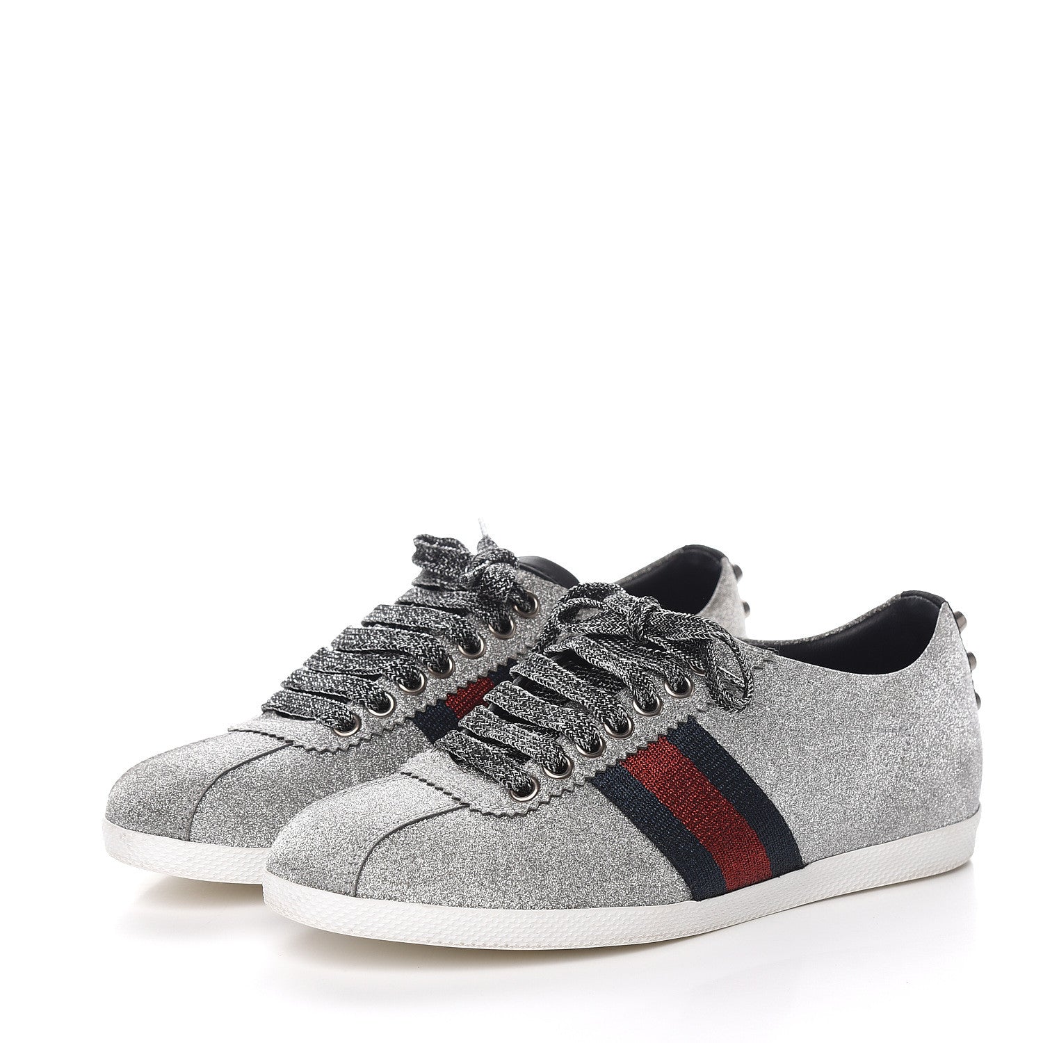 Gucci Glitter Fabric Studded Web Sneakers 35.5 Silver 3 of 10
