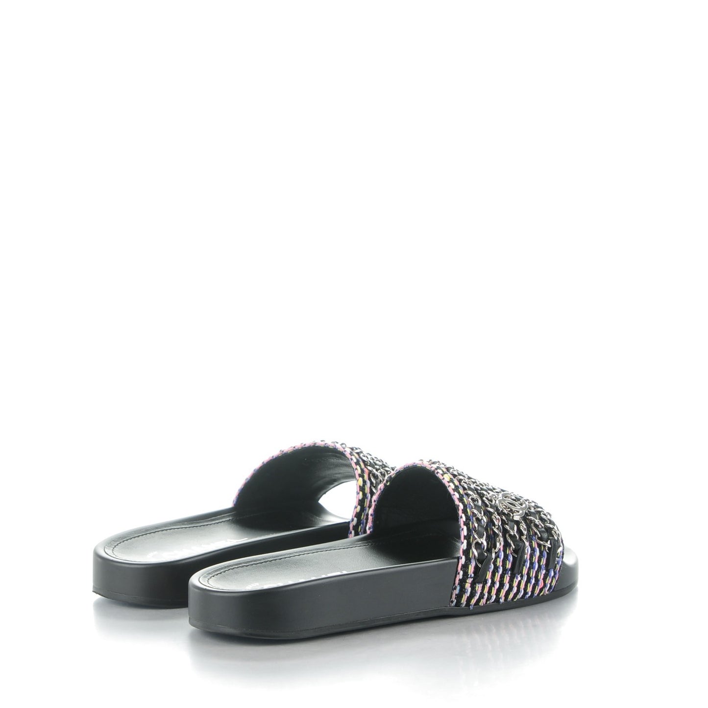 Tweed Lambskin Chain Flat Sandals 36 Black Multicolor