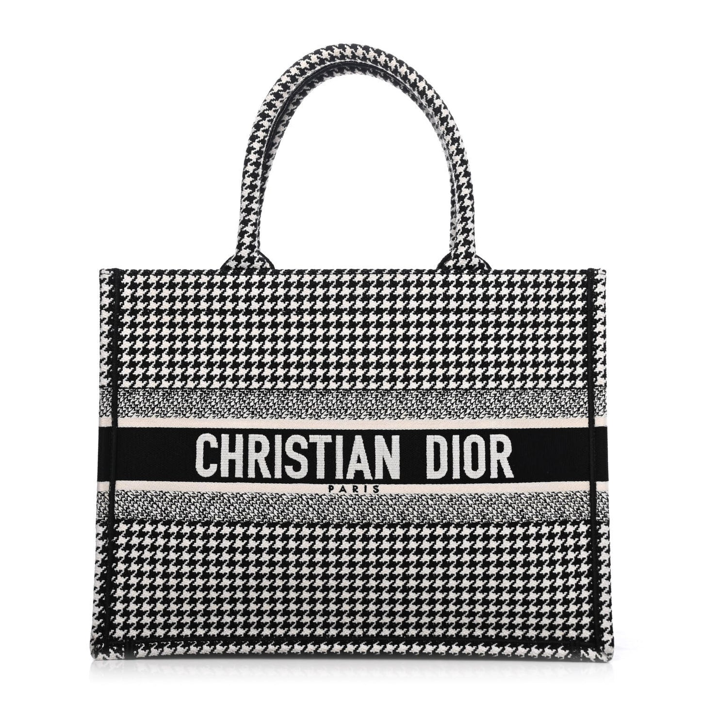 Canvas Houndstooth Embroidered Medium Book Tote Black White