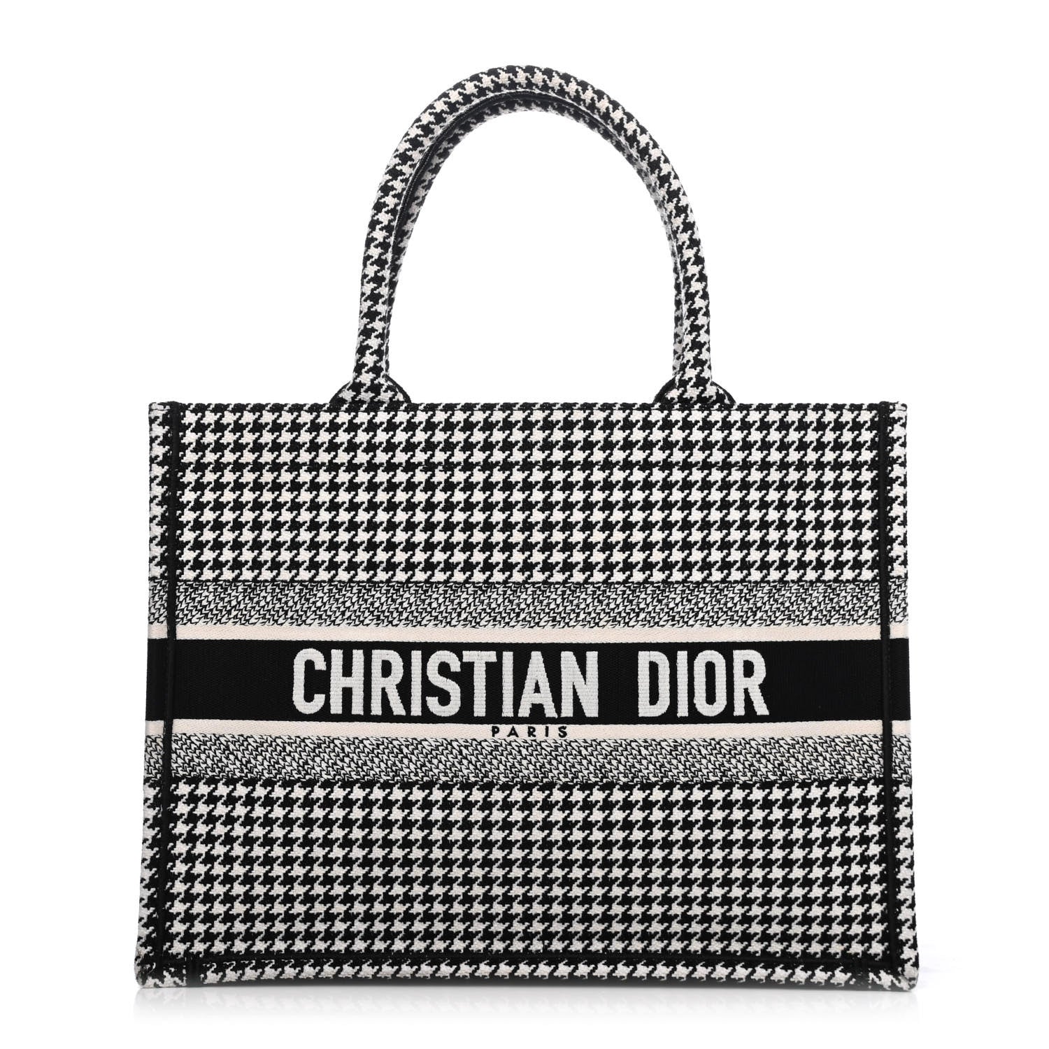 Christian Dior Canvas Houndstooth Embroidered Medium Book Tote Black White 1 of 4
