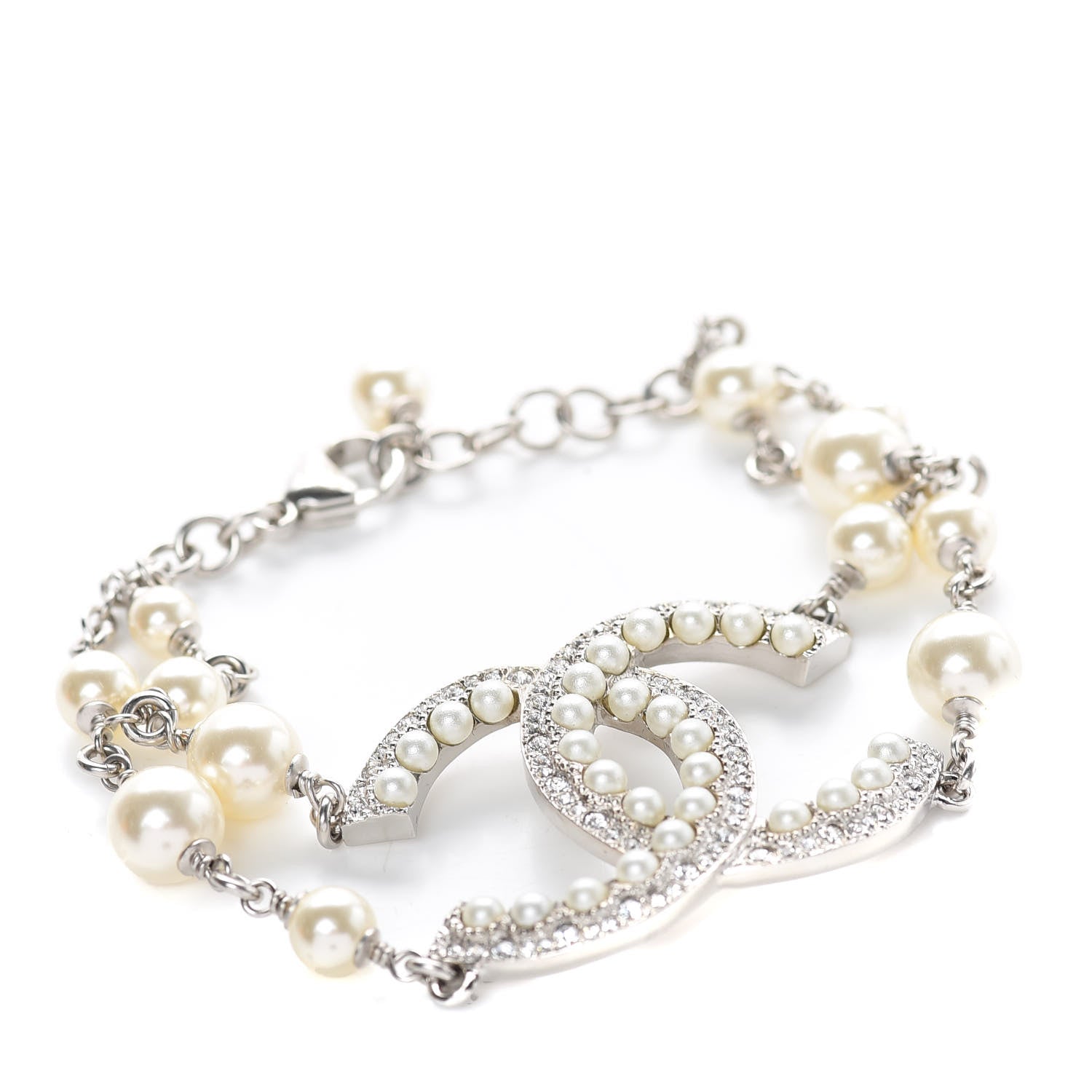 Chanel Pearl Crystal CC Bracelet Silver 1 of 5