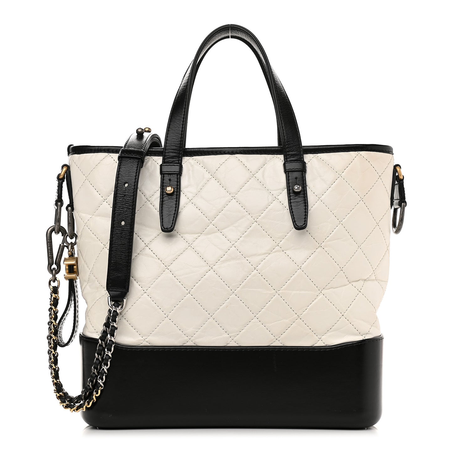 Aged Calfskin Quilted Medium Gabrielle Shopping Tote White Black