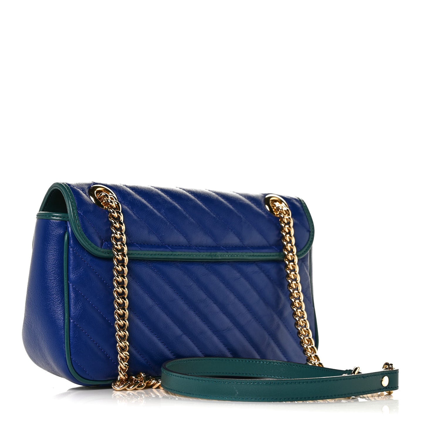 Azalea Calfskin Enamel Matelasse Diagonal Small Torchon GG Marmont Shoulder Bag Imperial Blue Pavone