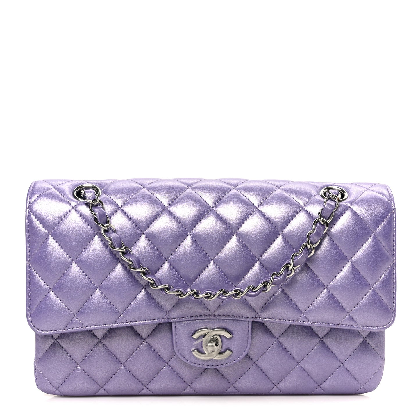 Metallic Lambskin Quilted Medium Double Flap Purple