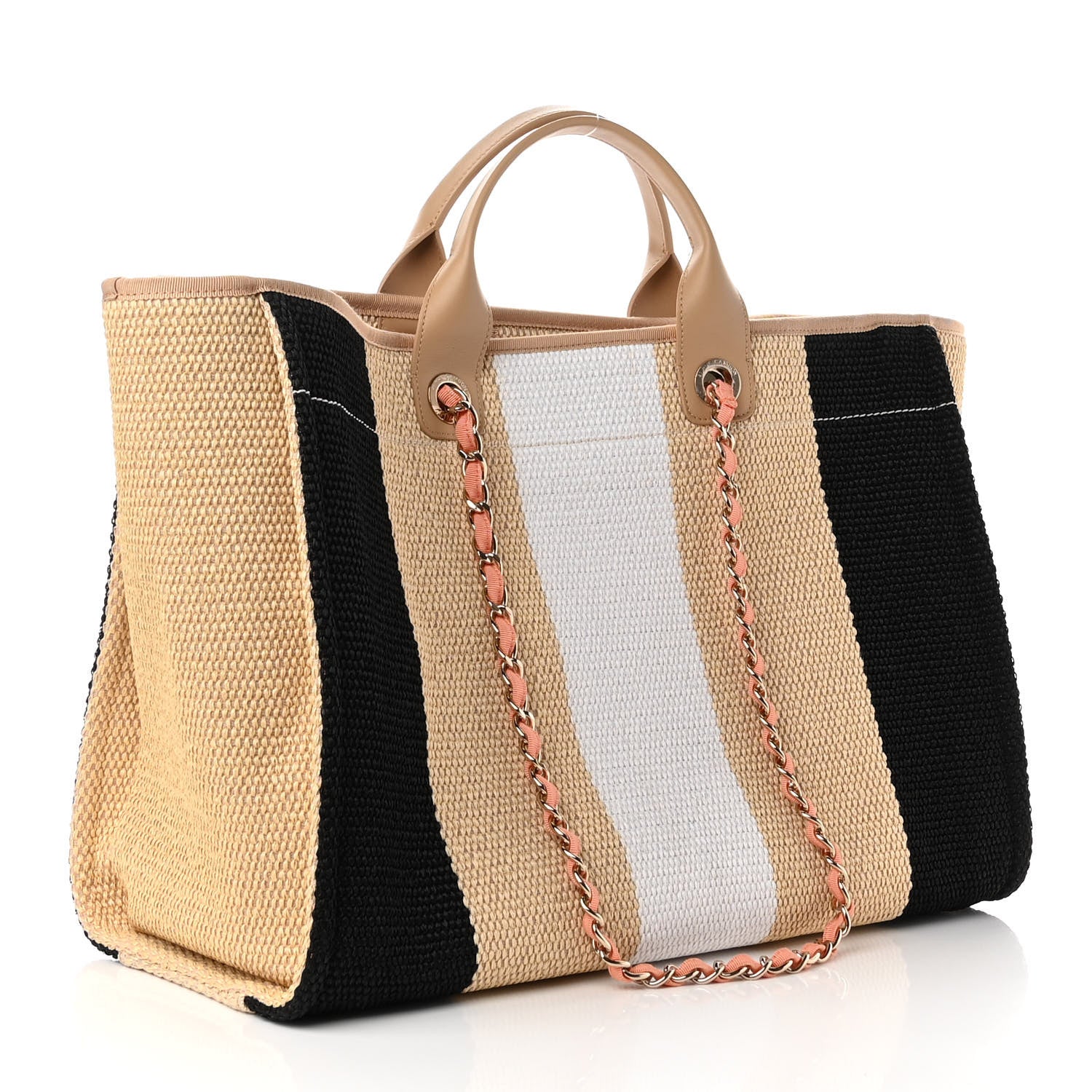 Chanel Straw Raffia Calfskin Striped Large Deauville Tote Black Beige Ivory 3 of 10