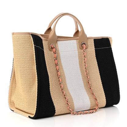 Chanel Straw Raffia Calfskin Striped Large Deauville Tote Black Beige Ivory 3 of 10