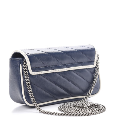 Gucci Vintage Effect Calfskin Matelasse Diagonal Super Mini Torchon GG Marmont Shoulder Bag Blue Agata Mystic White 3 of 11