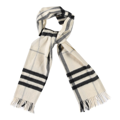 Burberry Cashmere Giant Check Icon Stripe Fringe Scarf Natural White 1 of 3
