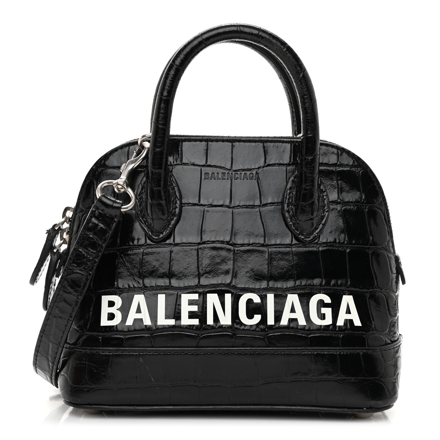 Calfskin Logo Crocodile Embossed XXS Ville Top Handle Bag Black White