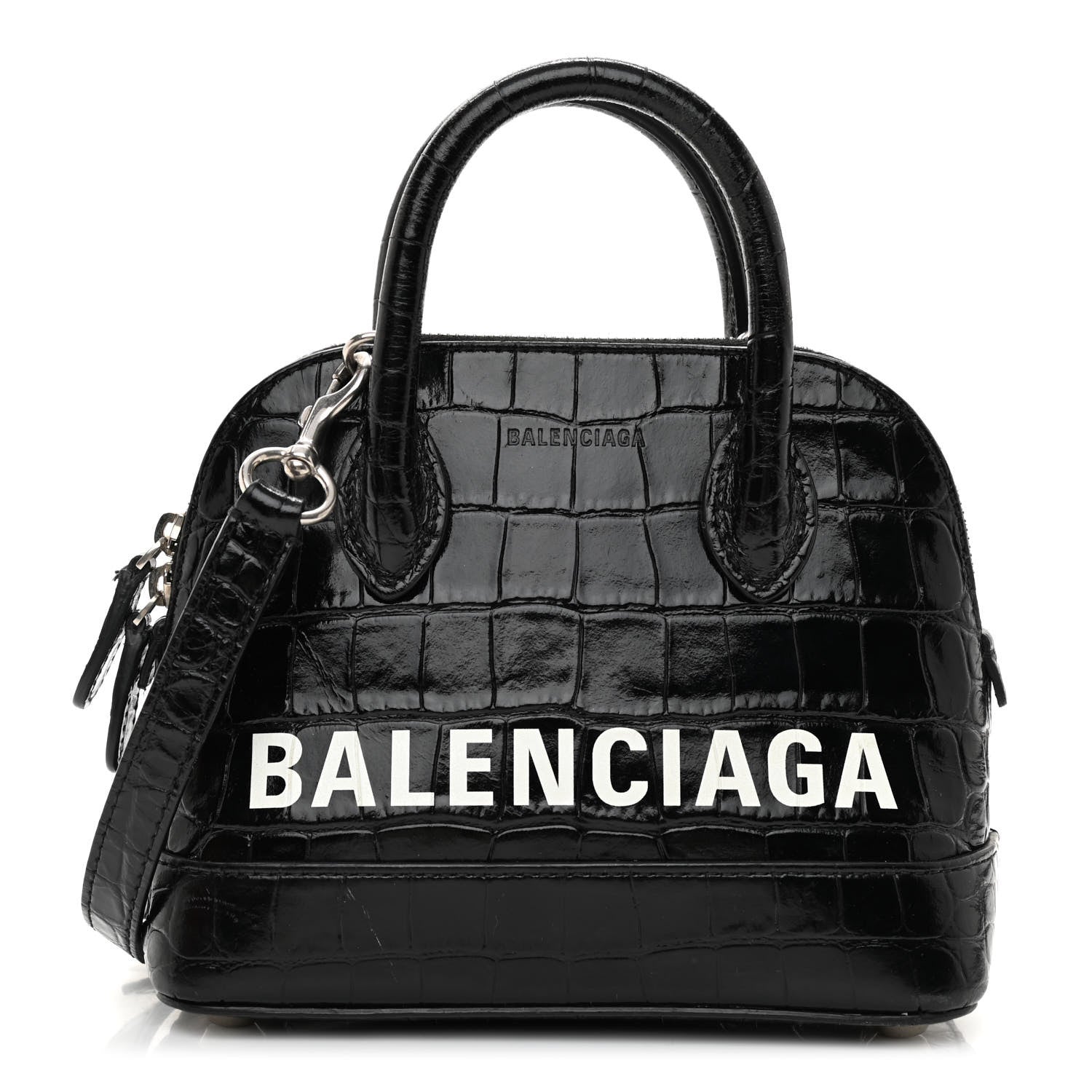 Balenciaga Calfskin Logo Crocodile Embossed XXS Ville Top Handle Bag Black White 1 of 11