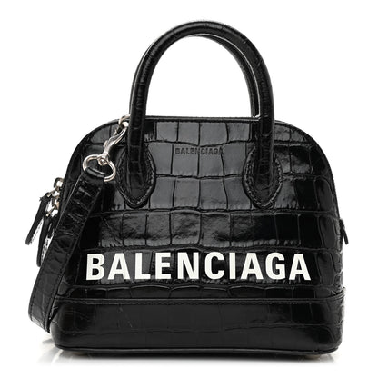 Balenciaga Calfskin Logo Crocodile Embossed XXS Ville Top Handle Bag Black White 1 of 11