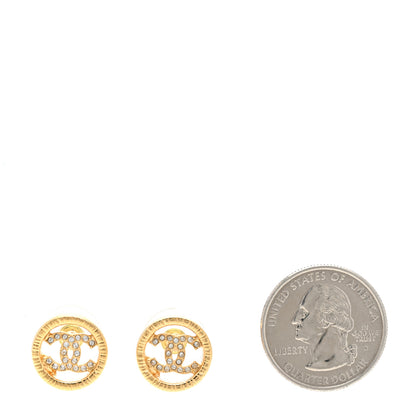 Chanel Metal Crystal Textured CC Round Earrings Gold 2 of 5