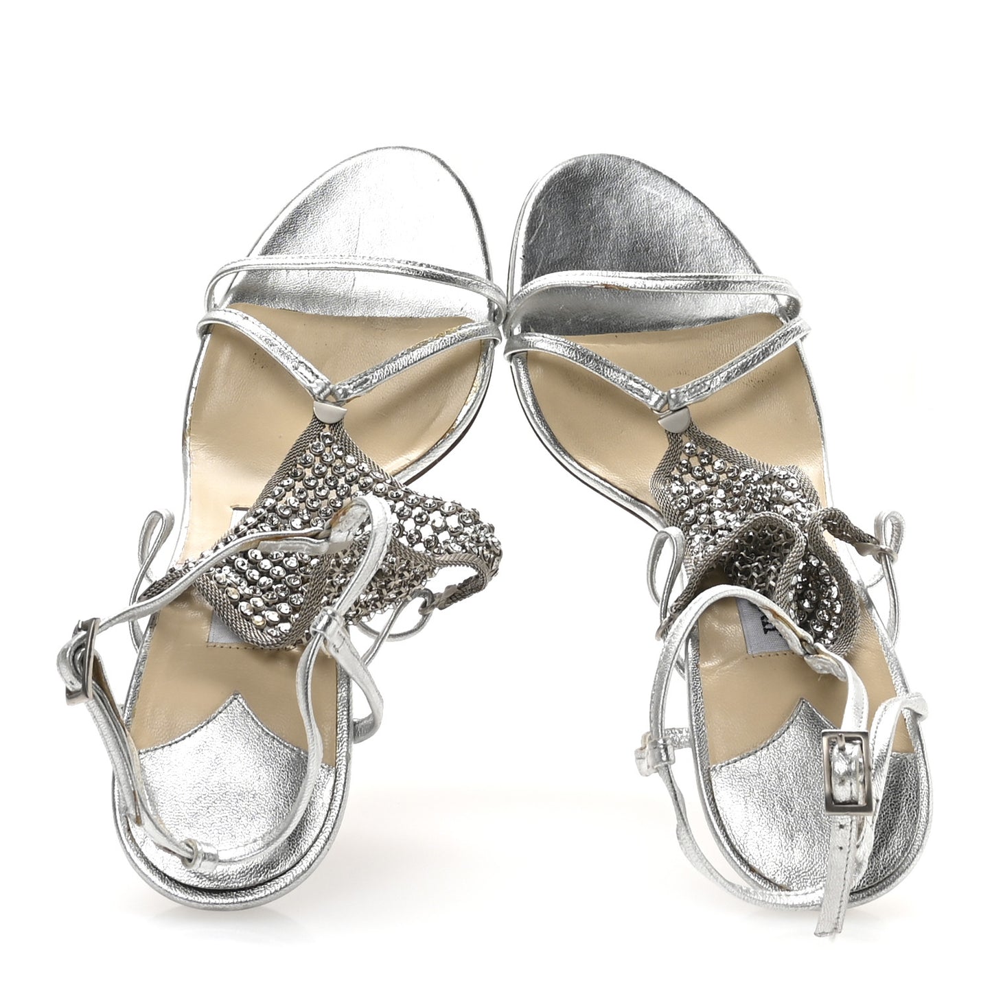 Metallic Nappa Mesh Crystal Sandals 36.5 Silver