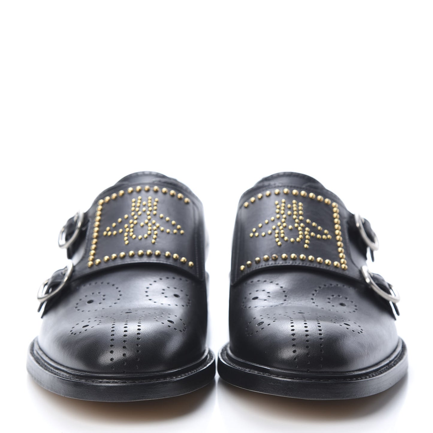 Calfskin Perforated Studded Mens Medallion Toe Double Monk Strap Loafers 8 Black