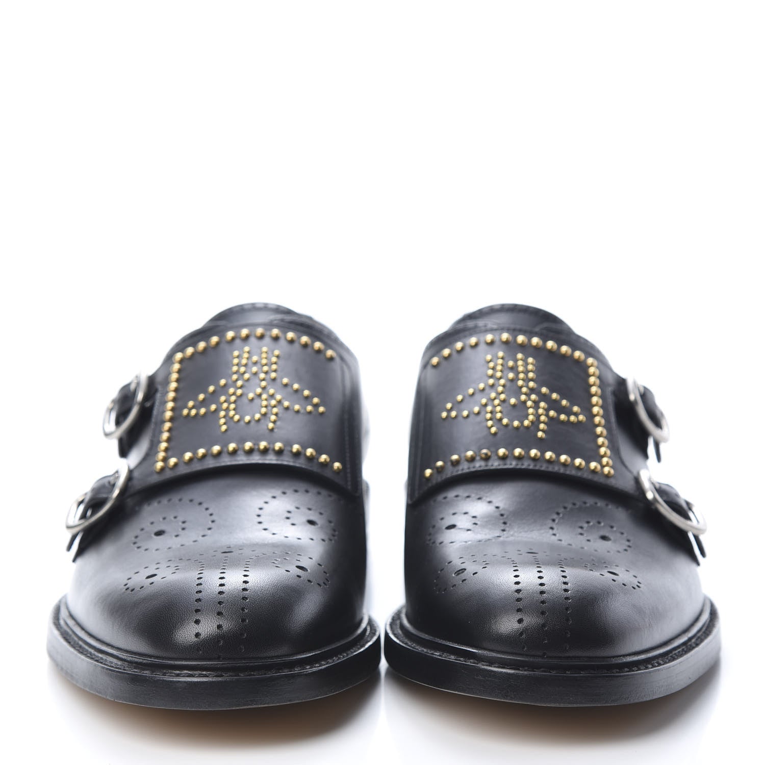 Gucci Calfskin Perforated Studded Mens Medallion Toe Double Monk Strap Loafers 8 Black 2 of 9