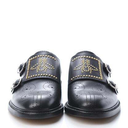 Gucci Calfskin Perforated Studded Mens Medallion Toe Double Monk Strap Loafers 8 Black 2 of 9