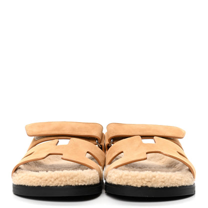 Hermes Suede Goatskin Woolskin Womens Chypre Sandals 40 Golden Beige 2 of 4