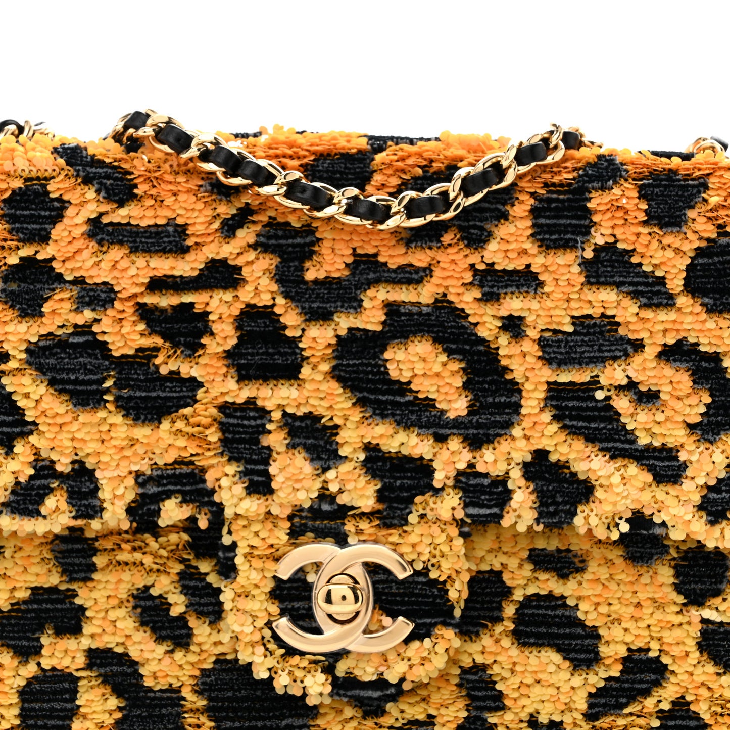 Sequin Mixed Fibers Leopard Print Mini Rectangular Flap Black Orange
