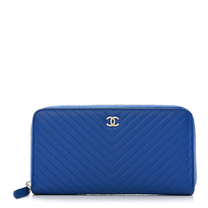 Chanel Caviar Chevron Quilted Large Gusset Zip Around Wallet Bright Blue 1 of 11