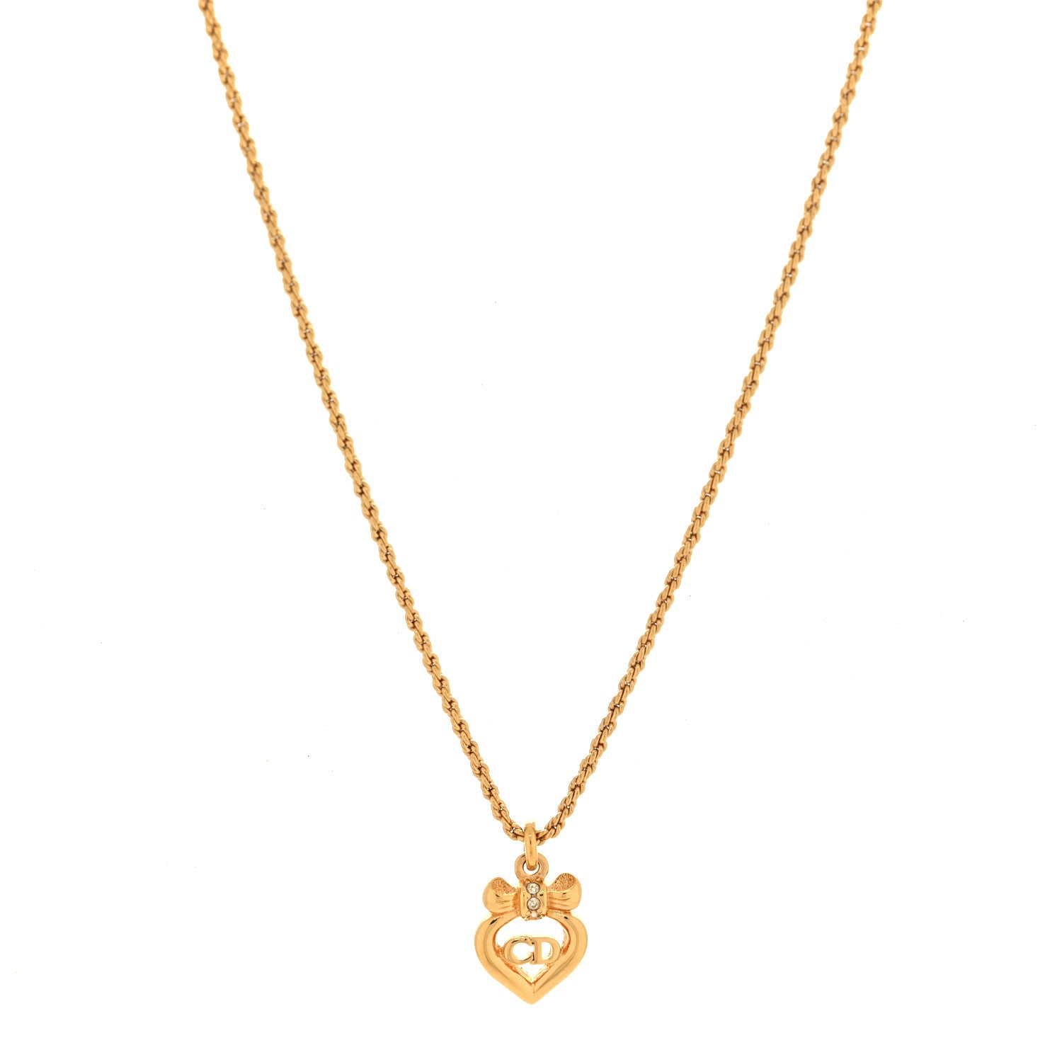 Christian Dior Crystal Bow Heart Necklace Gold 1 of 4
