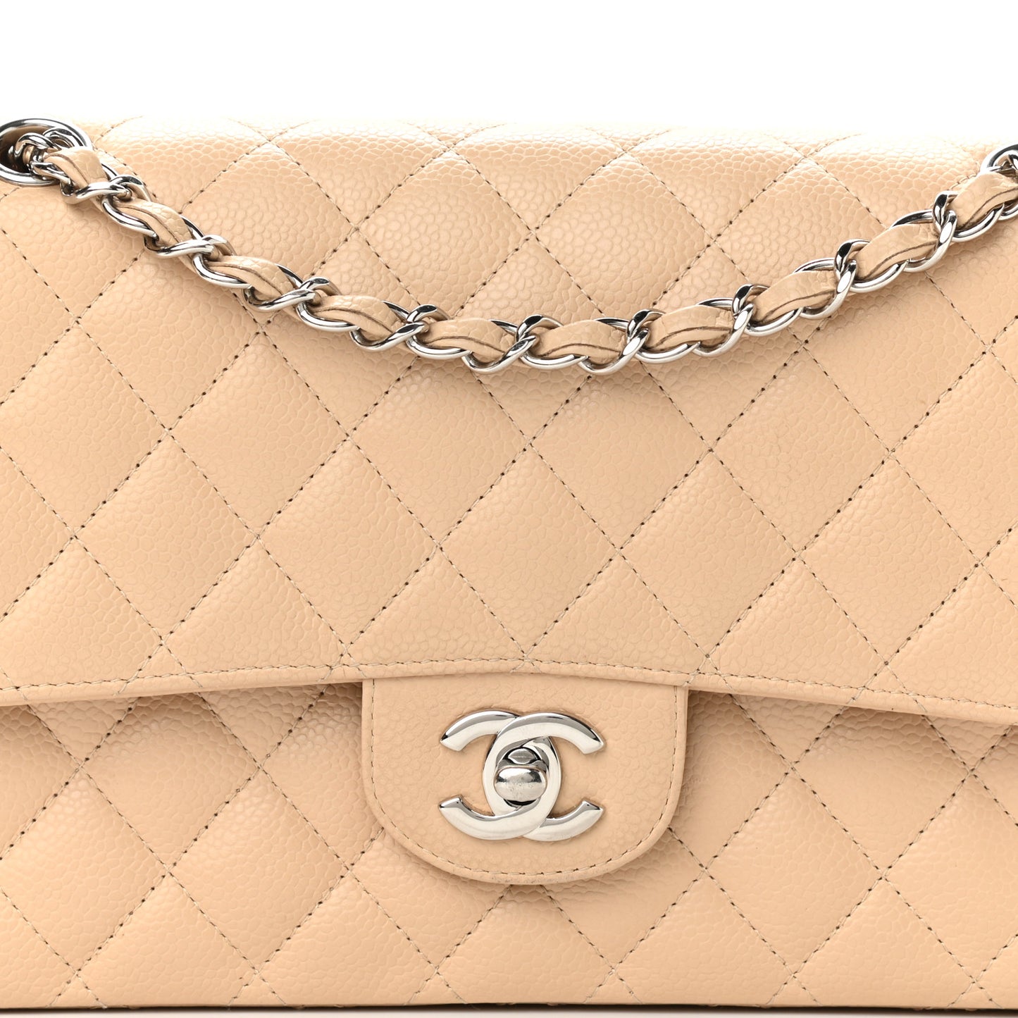 Caviar Quilted Medium Double Flap Beige