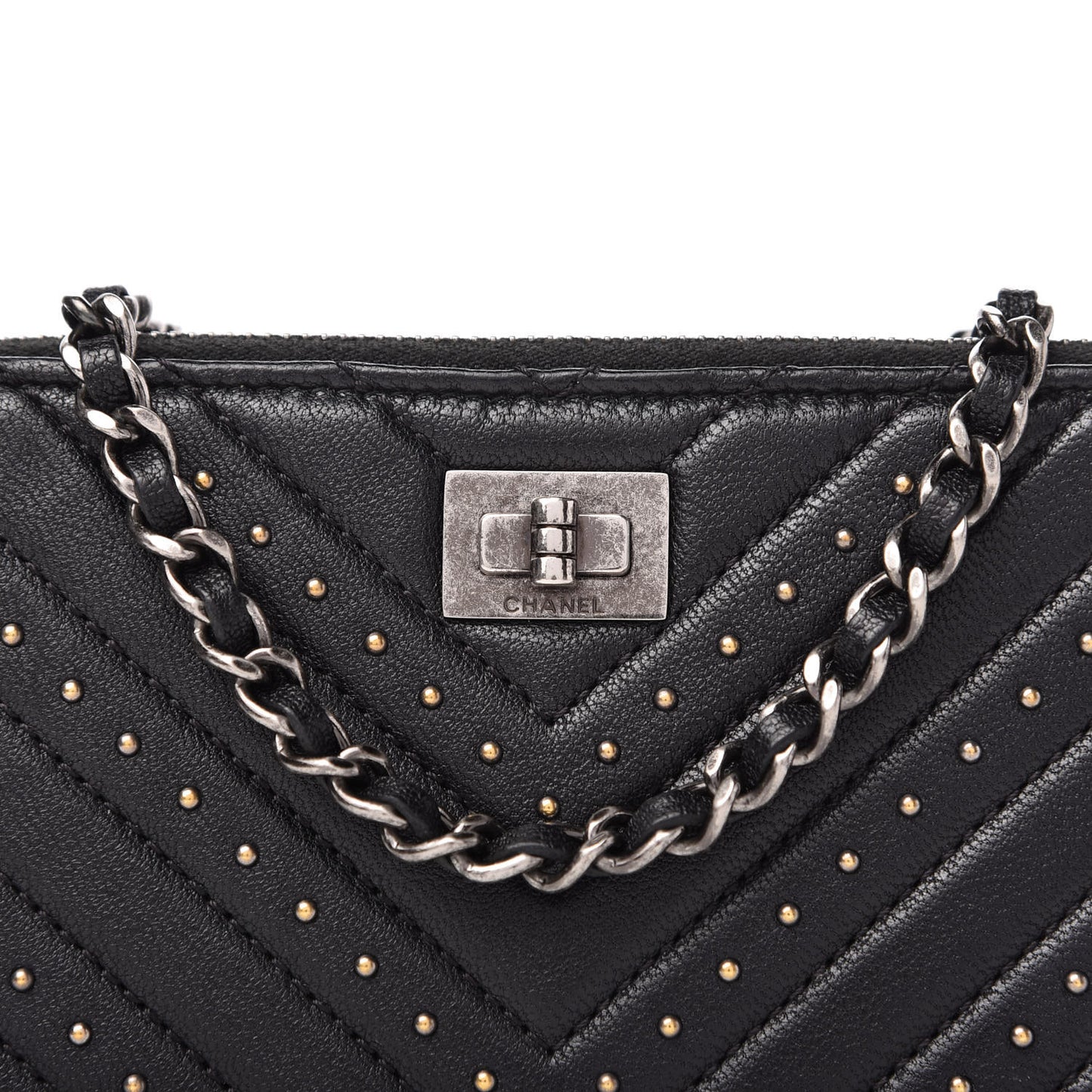 Sheepskin Chevron Quilted Studded Reissue Small Clutch With Chain Black