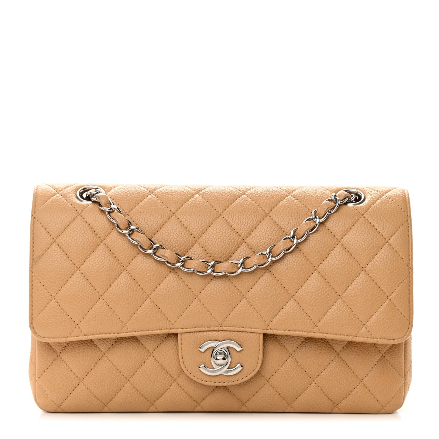 Caviar Quilted Medium Double Flap Beige