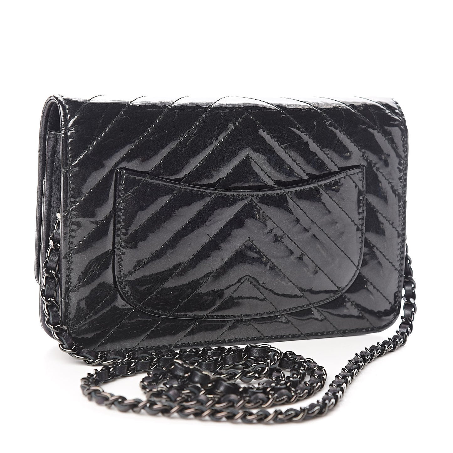 Patent Metallic Crumpled Calfskin Chevron Quilted Wallet On Chain WOC Black
