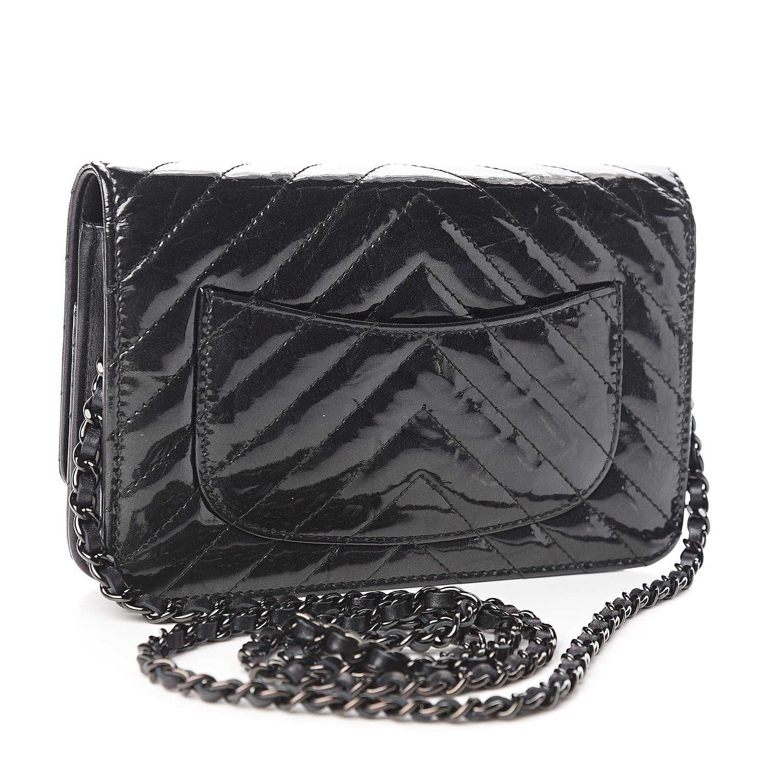 Chanel Patent Metallic Crumpled Calfskin Chevron Quilted Wallet On Chain WOC Black 3 of 13