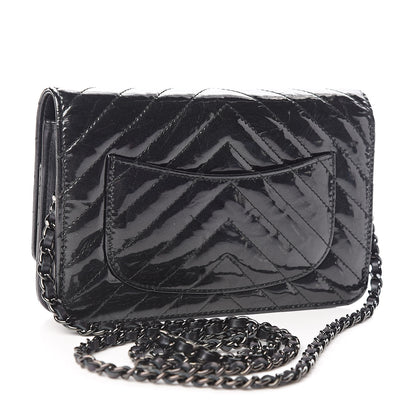Chanel Patent Metallic Crumpled Calfskin Chevron Quilted Wallet On Chain WOC Black 3 of 13