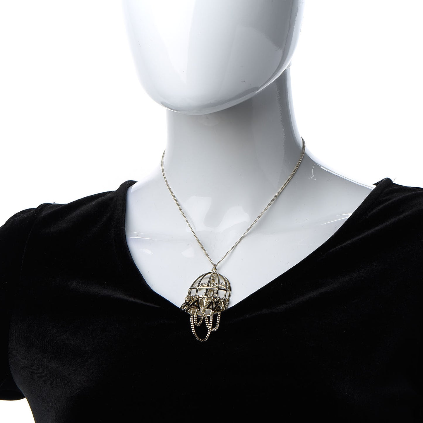 Metal Crystal Logo Bird Cage Necklace Gold