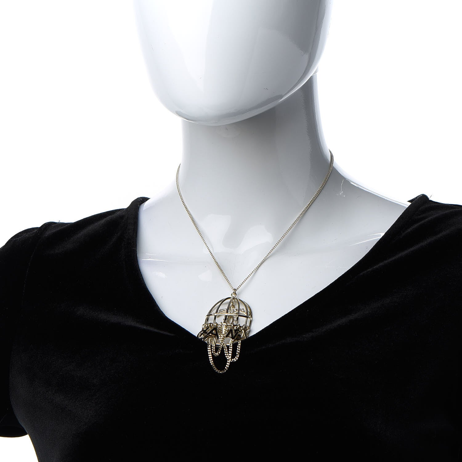Chanel Metal Crystal Logo Bird Cage Necklace Gold 2 of 7