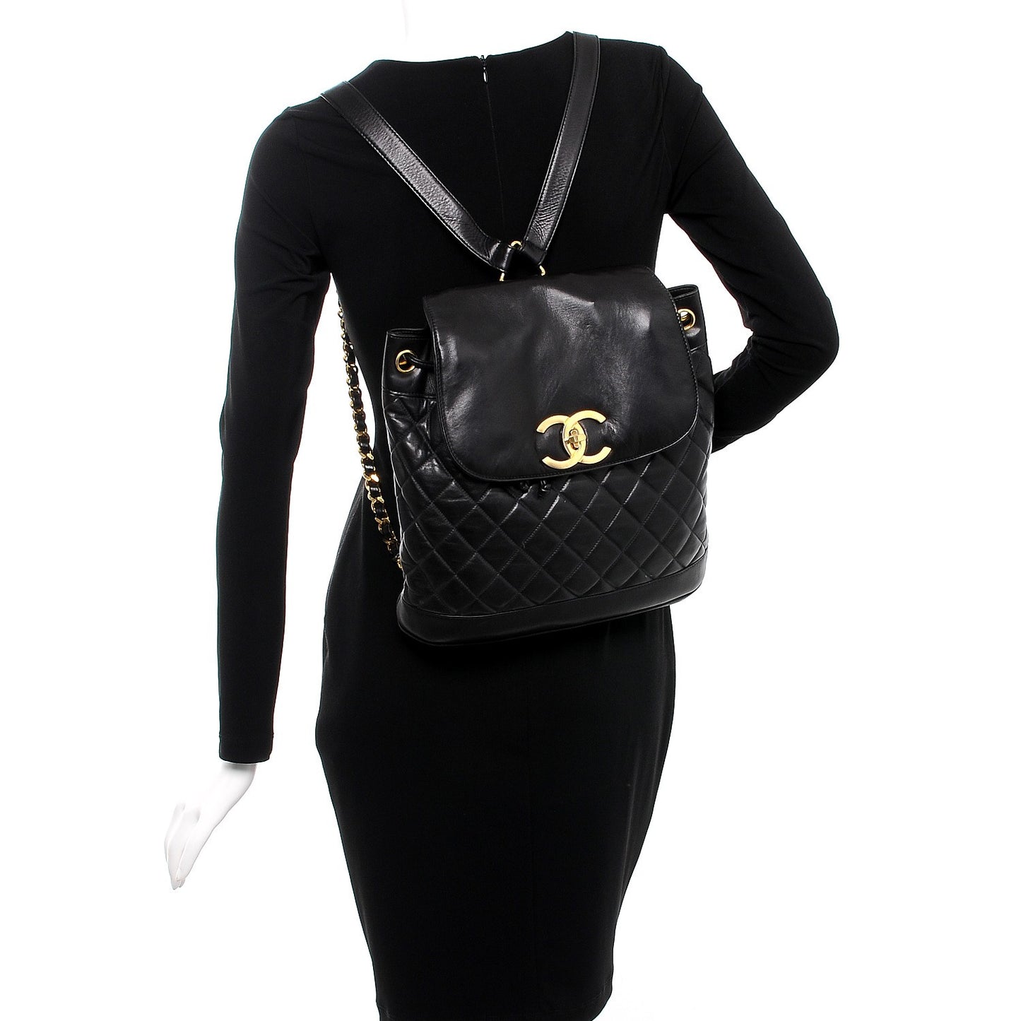 Lambskin Quilted Drawstring Backpack Black