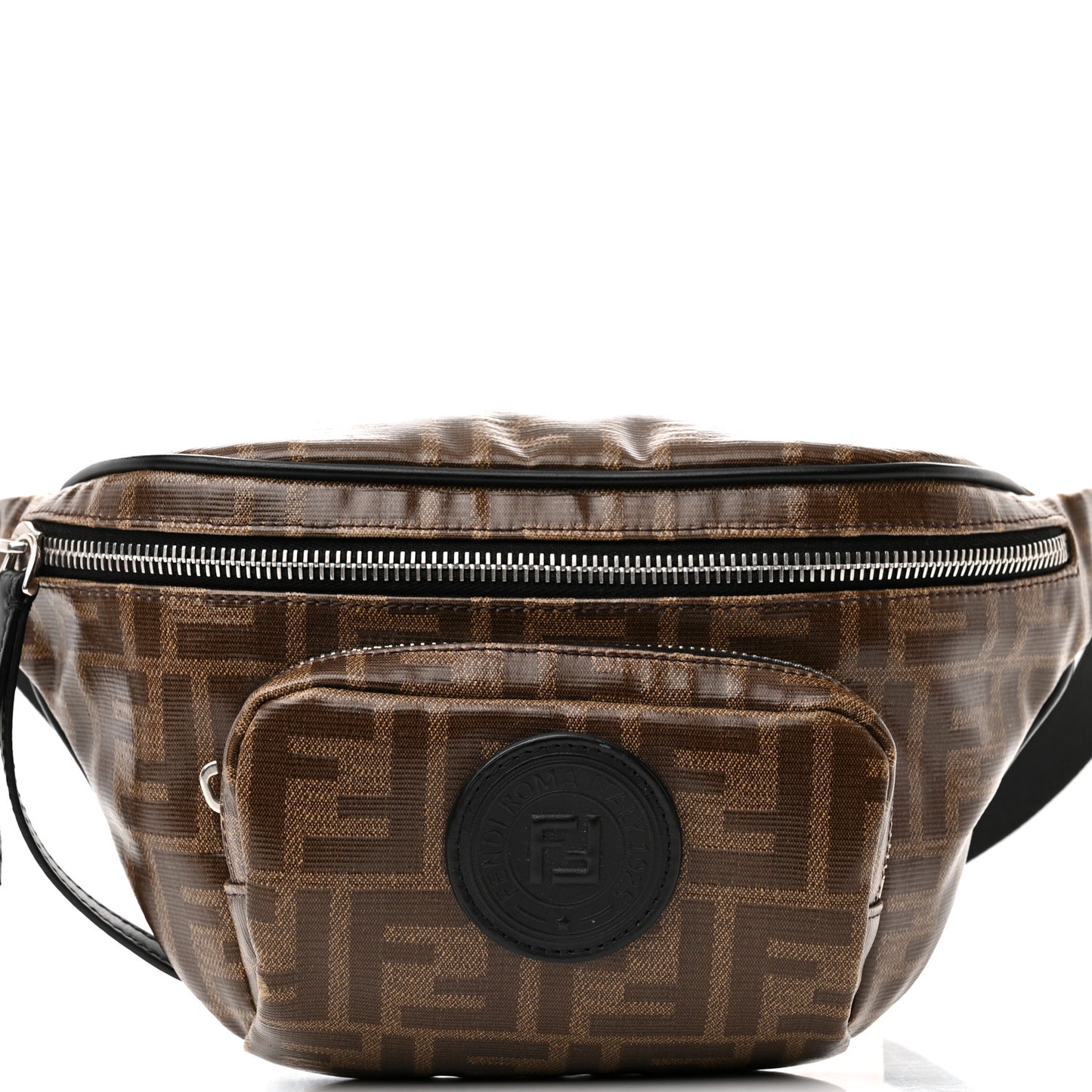 Glazed Fabric Vitello Century FF 1974 Stamp Patch Pocket Belt Bag Mogano Panna Black