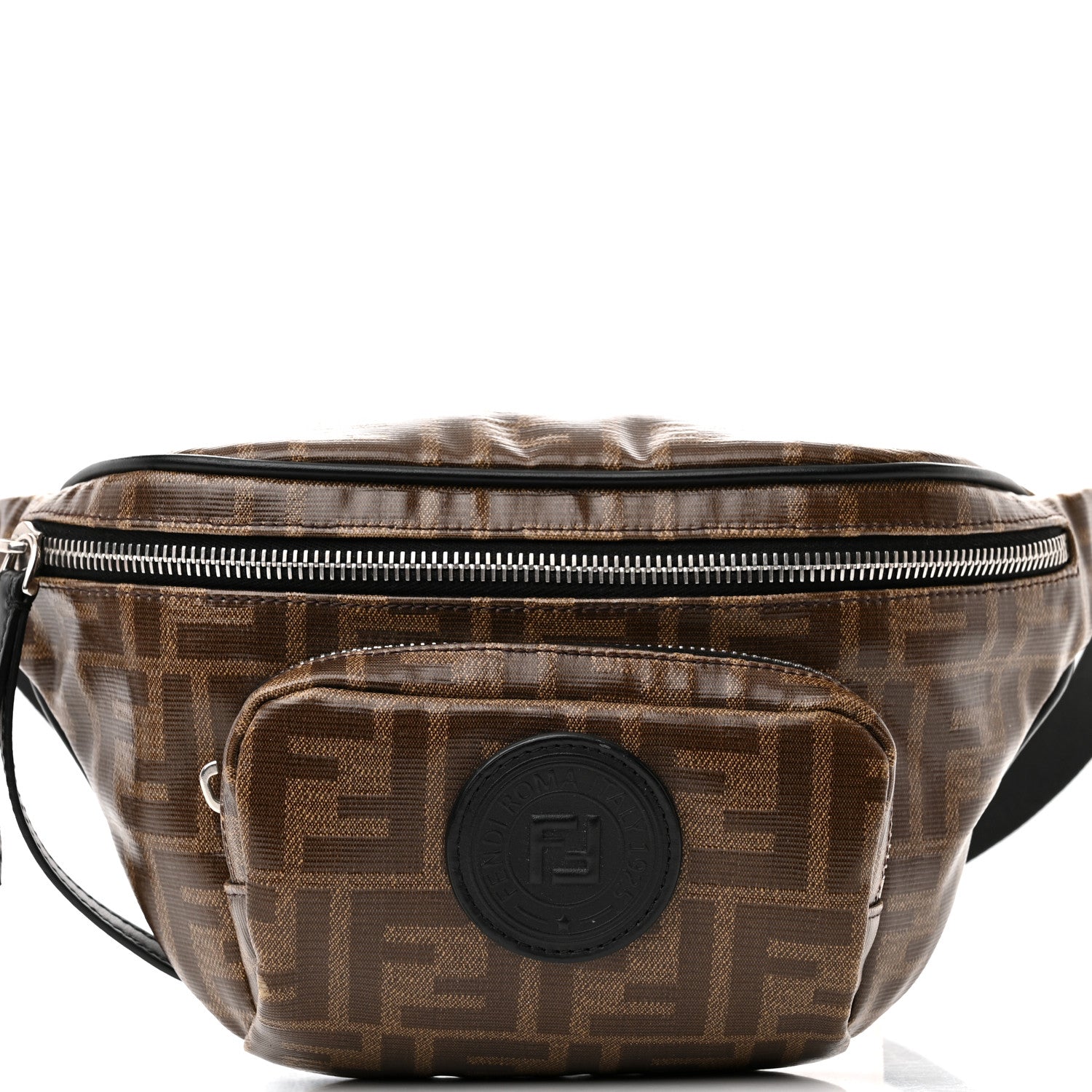 Fendi Glazed Fabric Vitello Century FF 1974 Stamp Patch Pocket Belt Bag Mogano Panna Black 9 of 14