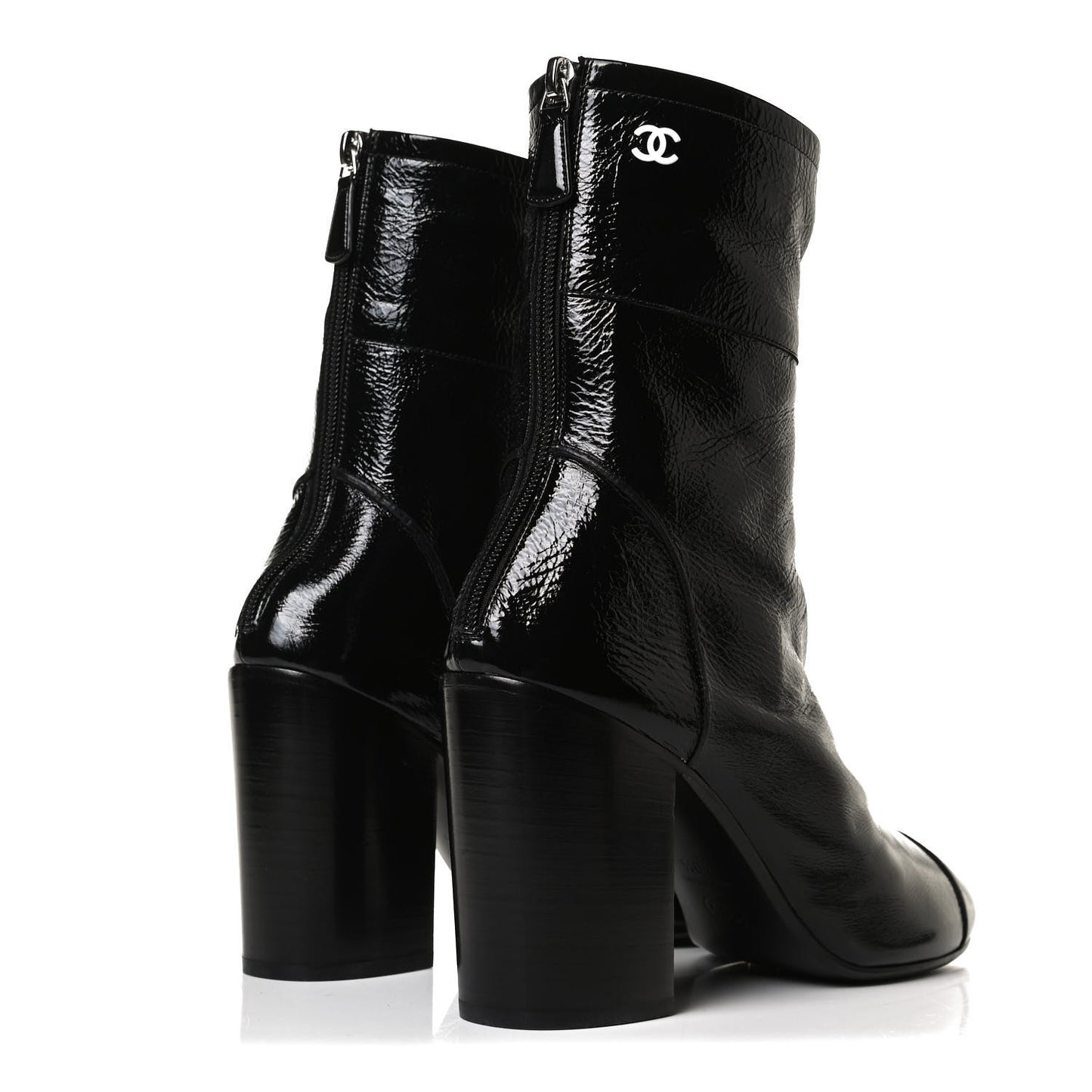 Shiny Crumpled Calfskin CC Cap Toe Short Boots 40.5 Black