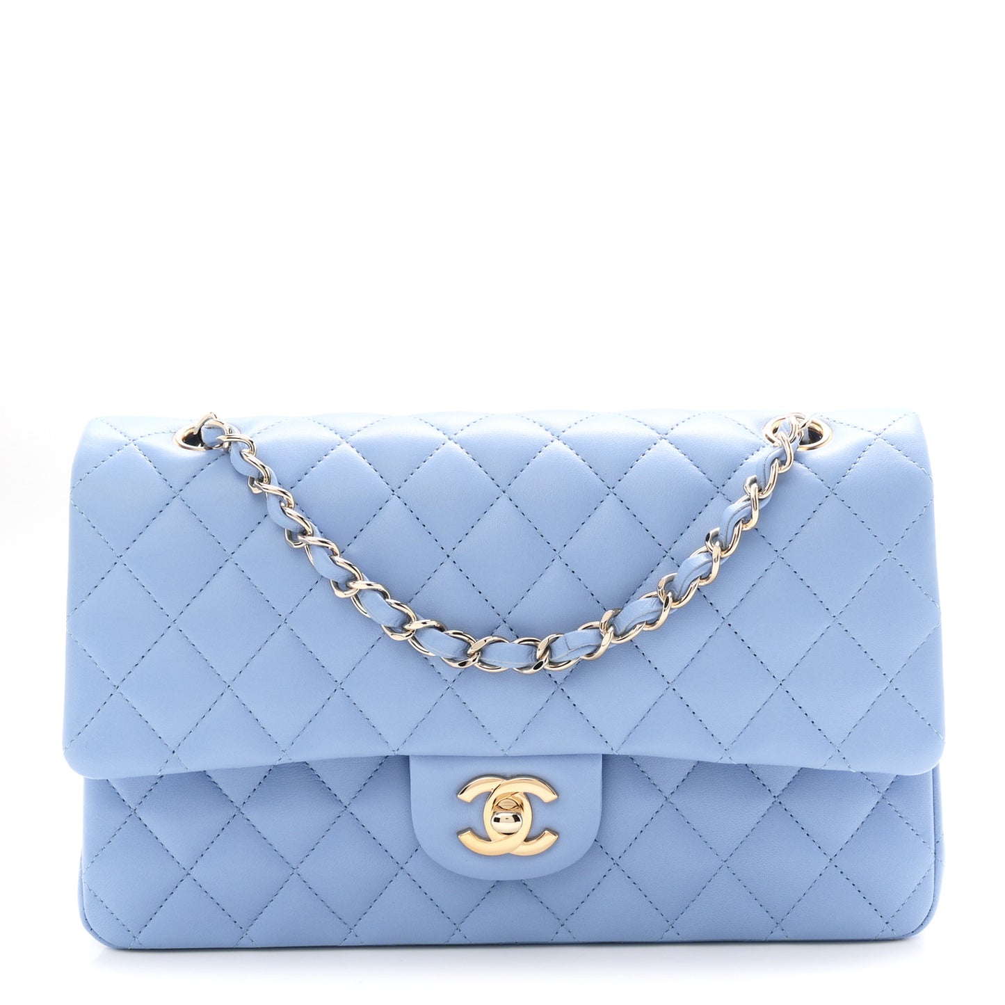 Lambskin Quilted Medium Double Flap Light Blue