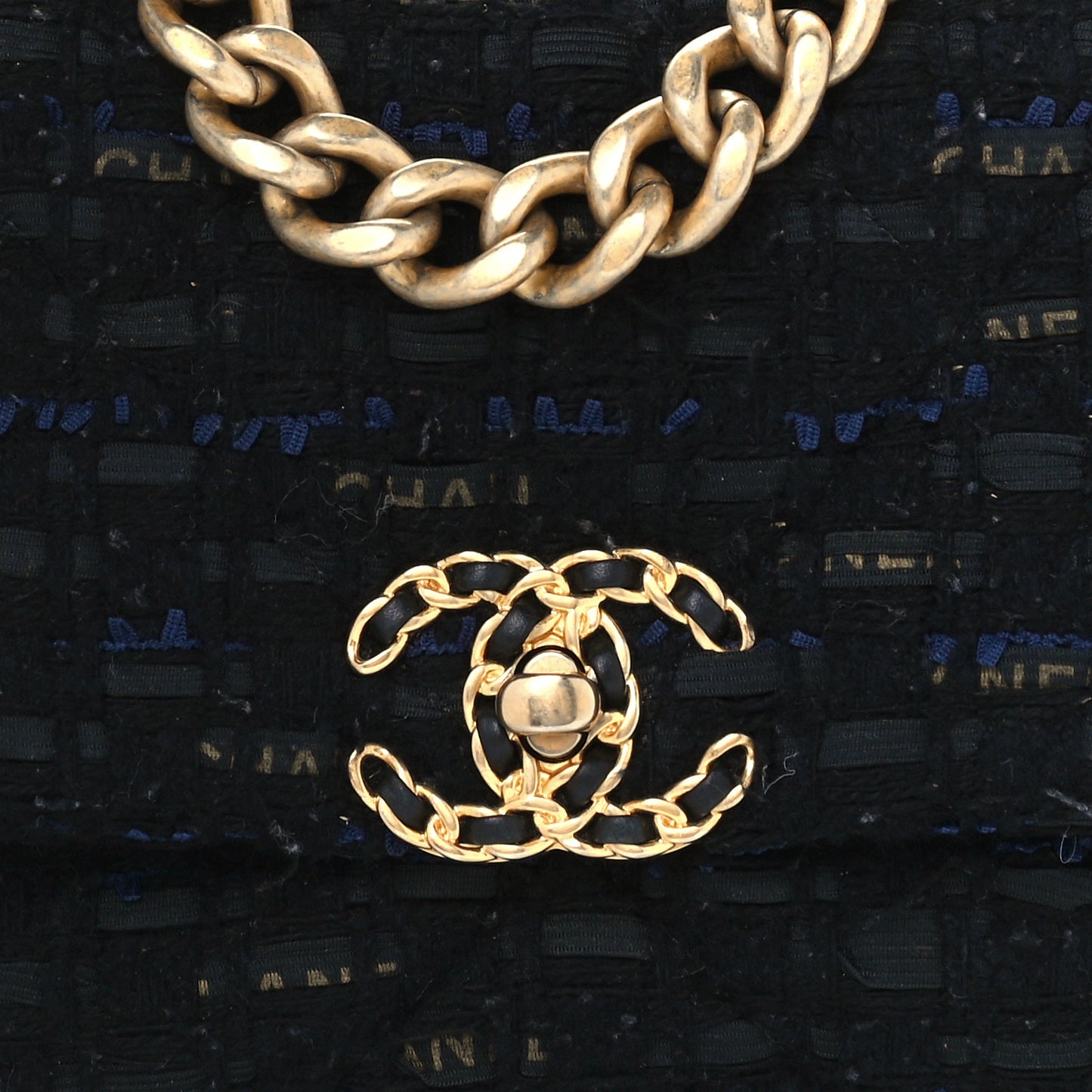 Tweed Quilted Medium Chanel 19 Flap Black Navy Gold